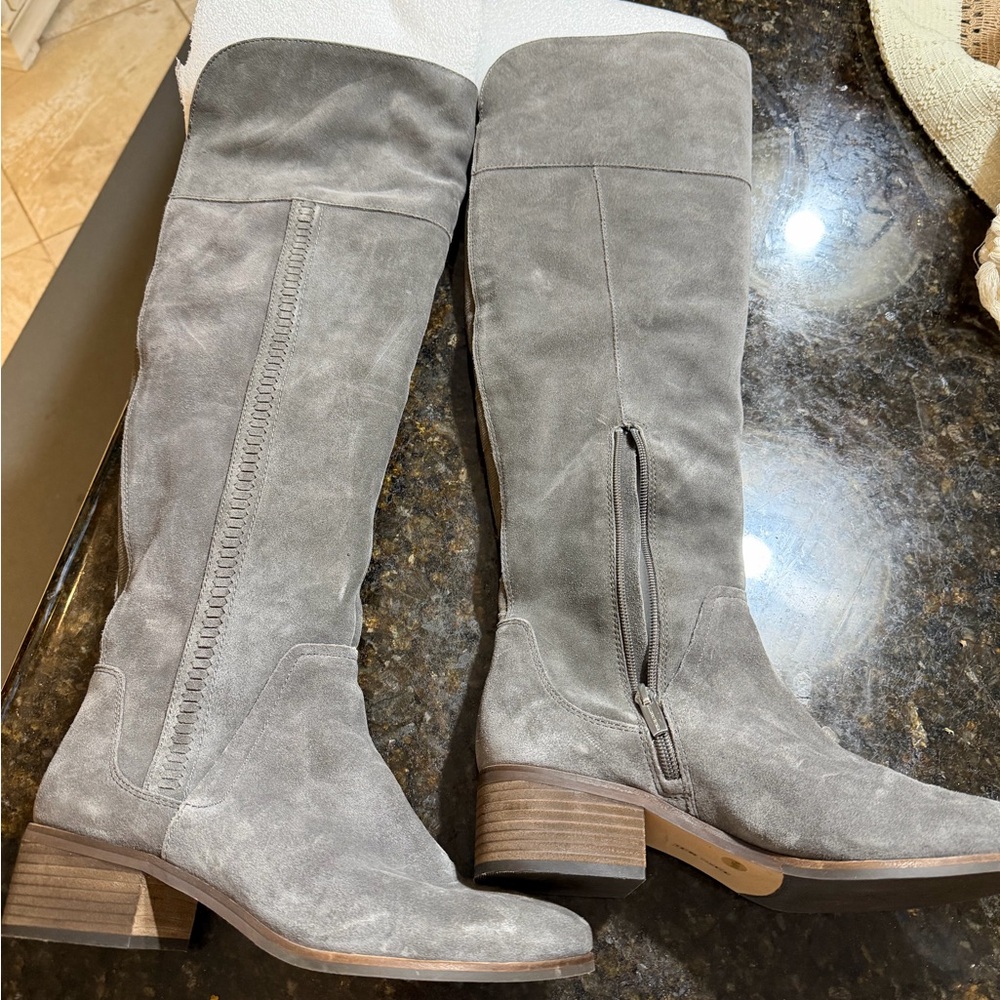 Gray Suede Knee-High Boots